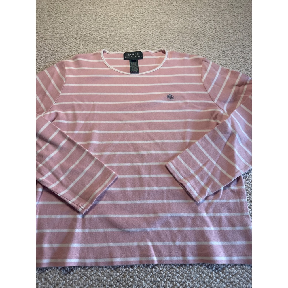 Lauren Ralph Lauren Pink White Striped Cotton Long Sleeve Top Size L Preppy Logo